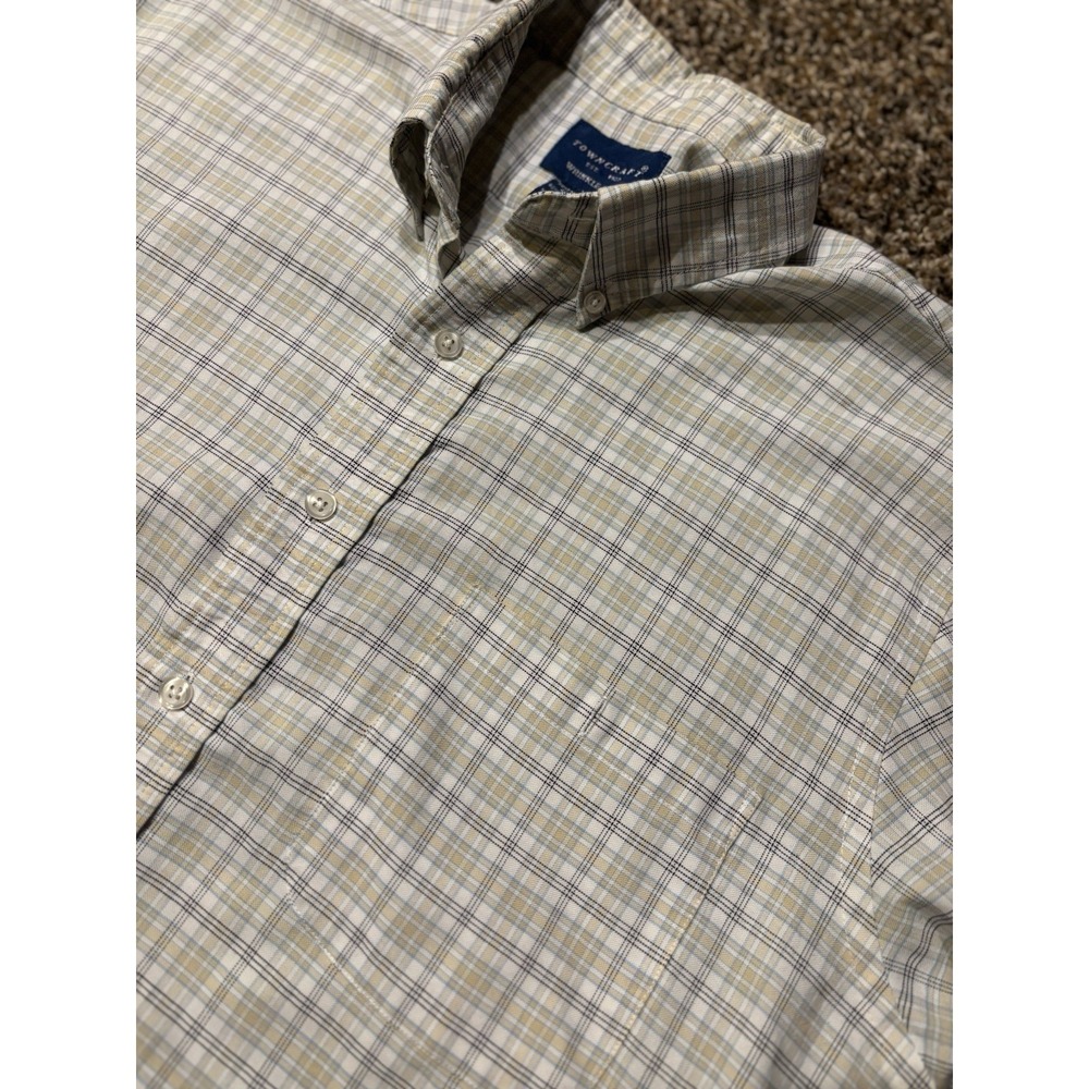 VTG‎ TownCraft Shirt Mens Med Beige Plaid 90s Wrinkle Free Button Down Skater